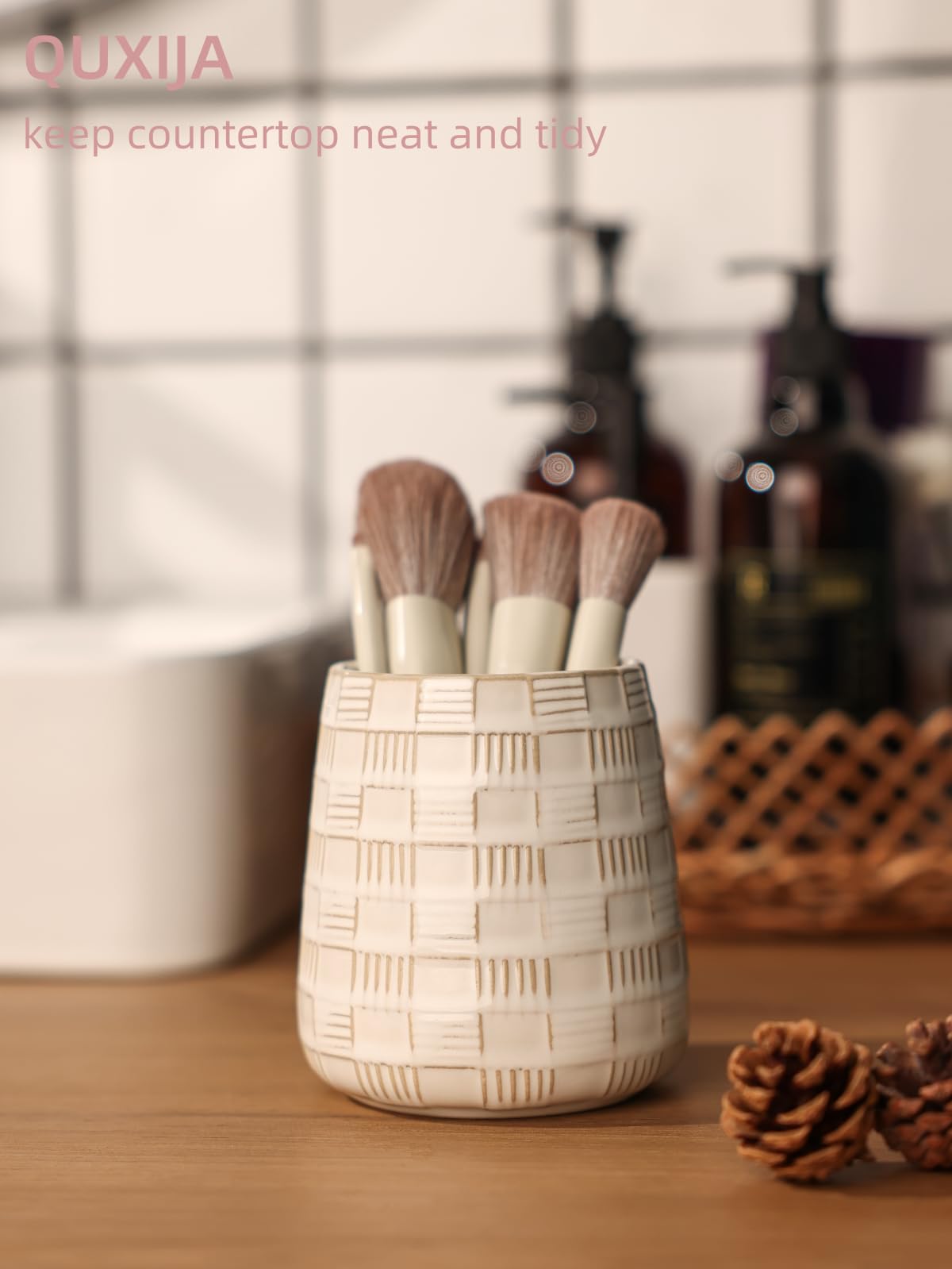 QUXIJA Makeup Brush Holders Bathroom Vanity, Ceramic Brushes Cup (Vintage White)