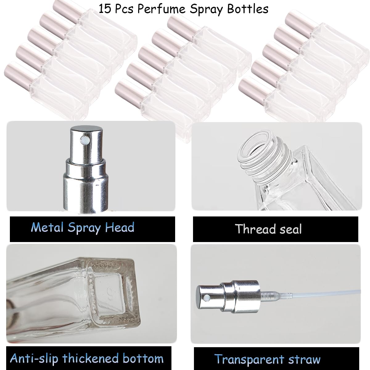 Rowcay Mini Perfume Atomizer 10ml Refillable Glass Perfume Bottles Empty Spray Bottles for Travel Fine Mist Sprayer for Toiletries Sample Dispenser (15 Pcs Silver)