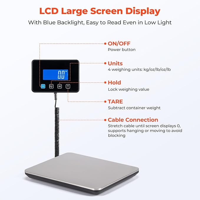 MUNBYN Shipping Scale, 440lb/1.8oz Digital Postal Scale for Packages with Hold/Tare Function, Backlit LCD, Battery & Cable Included, Postage Scale for Small Business, Packages, Luggage, and Home Use