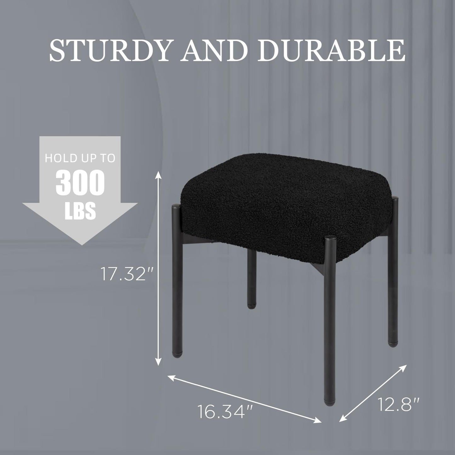MOOWIND Vanity Stool Chair Faux Fur, 16.3"L x 12.8"W x 17.3"H Soft Ottoman, Makeup Chair Bench Furry Padded Seat with 4 Metal Legs, Footstool Multifunctional Chairs for Bedroom, Living Room, Black