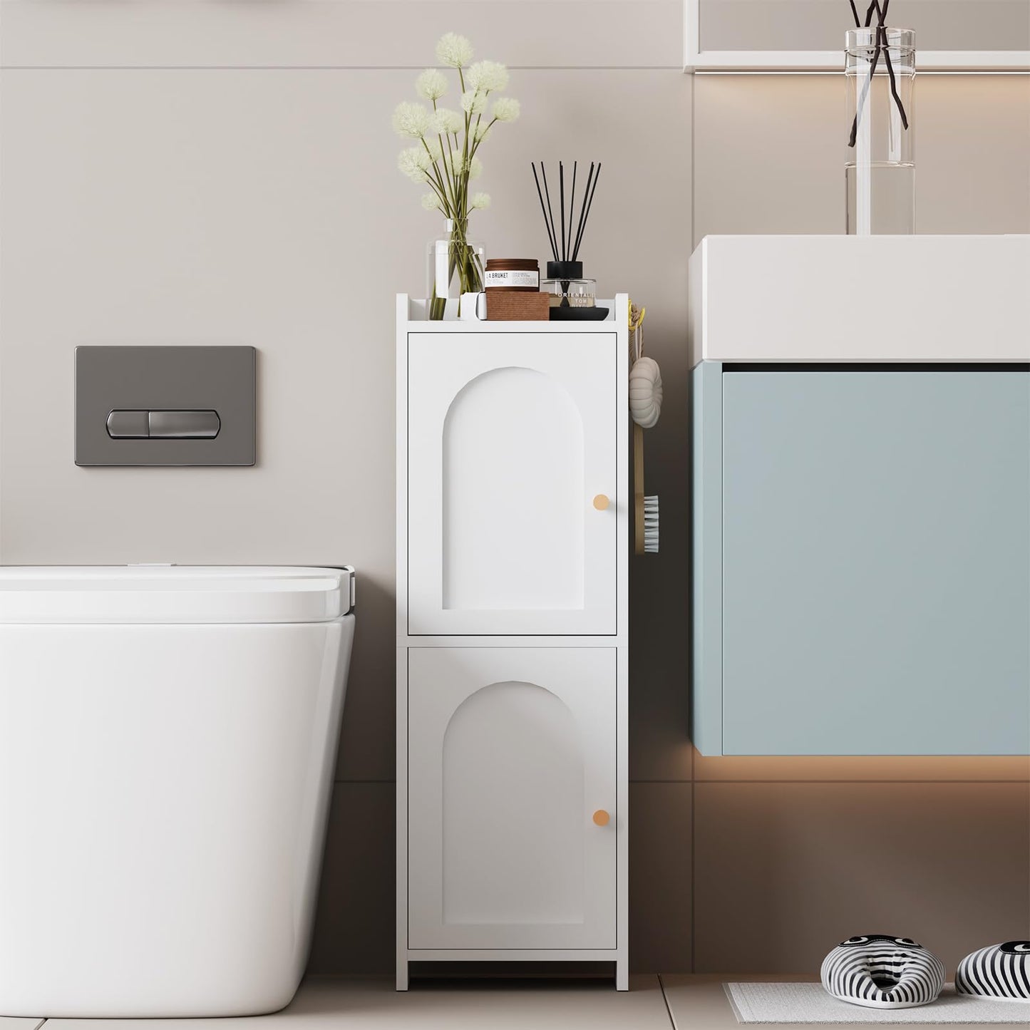 Arbuxzuy Small Bathroom Storage Cabinet,Corner Floor Cabinet with 2 Doors and Adjustable Shelf, Narrow Toilet Paper Cabinets with 2Hooks,Toilet Organizer for Small Spaces，7.87"D*9.84"W*29.72"H(White)