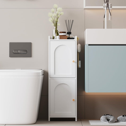 Arbuxzuy Small Bathroom Storage Cabinet,Corner Floor Cabinet with 2 Doors and Adjustable Shelf, Narrow Toilet Paper Cabinets with 2Hooks,Toilet Organizer for Small Spaces，7.87"D*9.84"W*29.72"H(White)