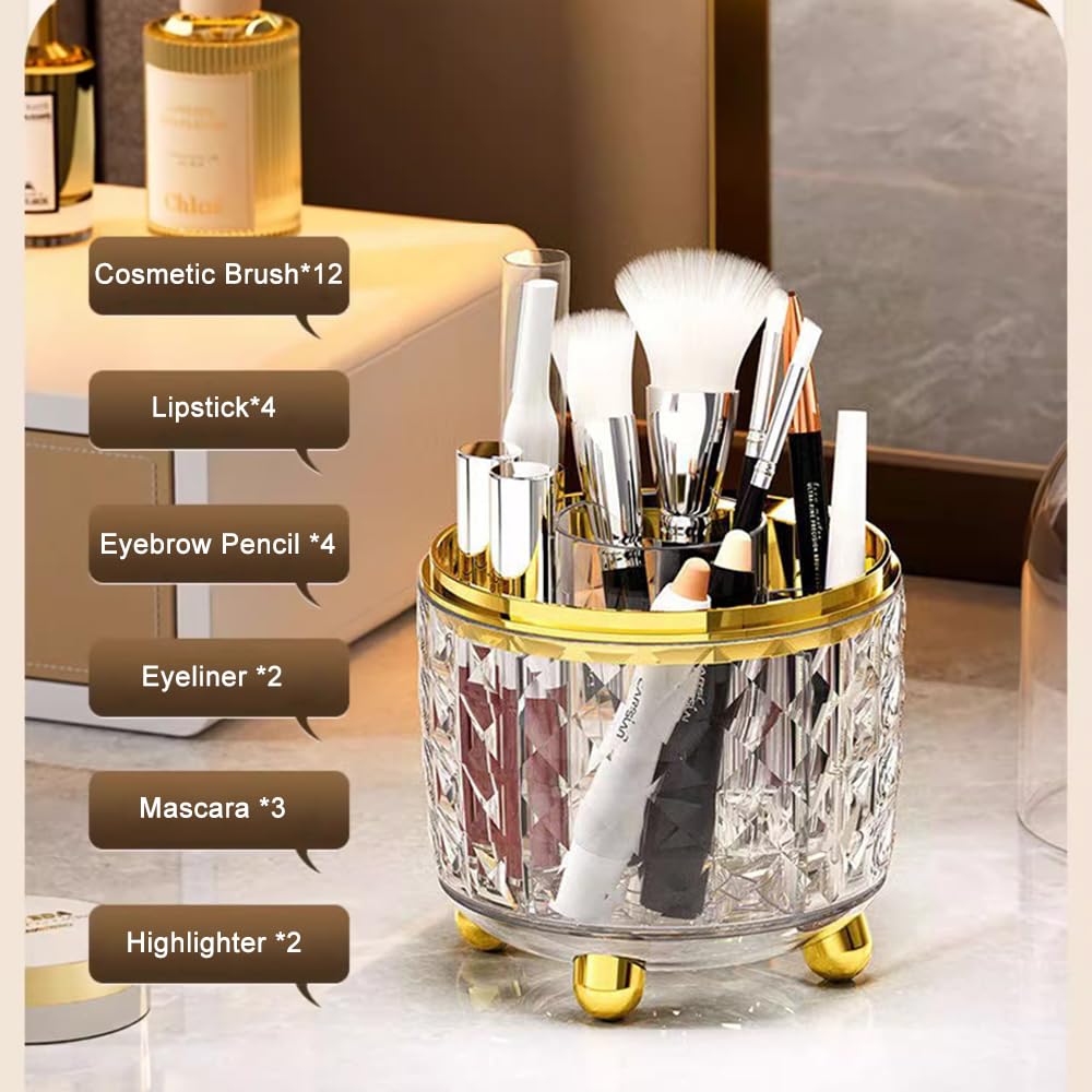 Haiansan Makeup Brush Holder with Dustproof Lid, 360° Rotating Makeup Organizer, Spinning Cosmetic Organizer Pen Holder for Vanity Bathroom (Clear Gold)