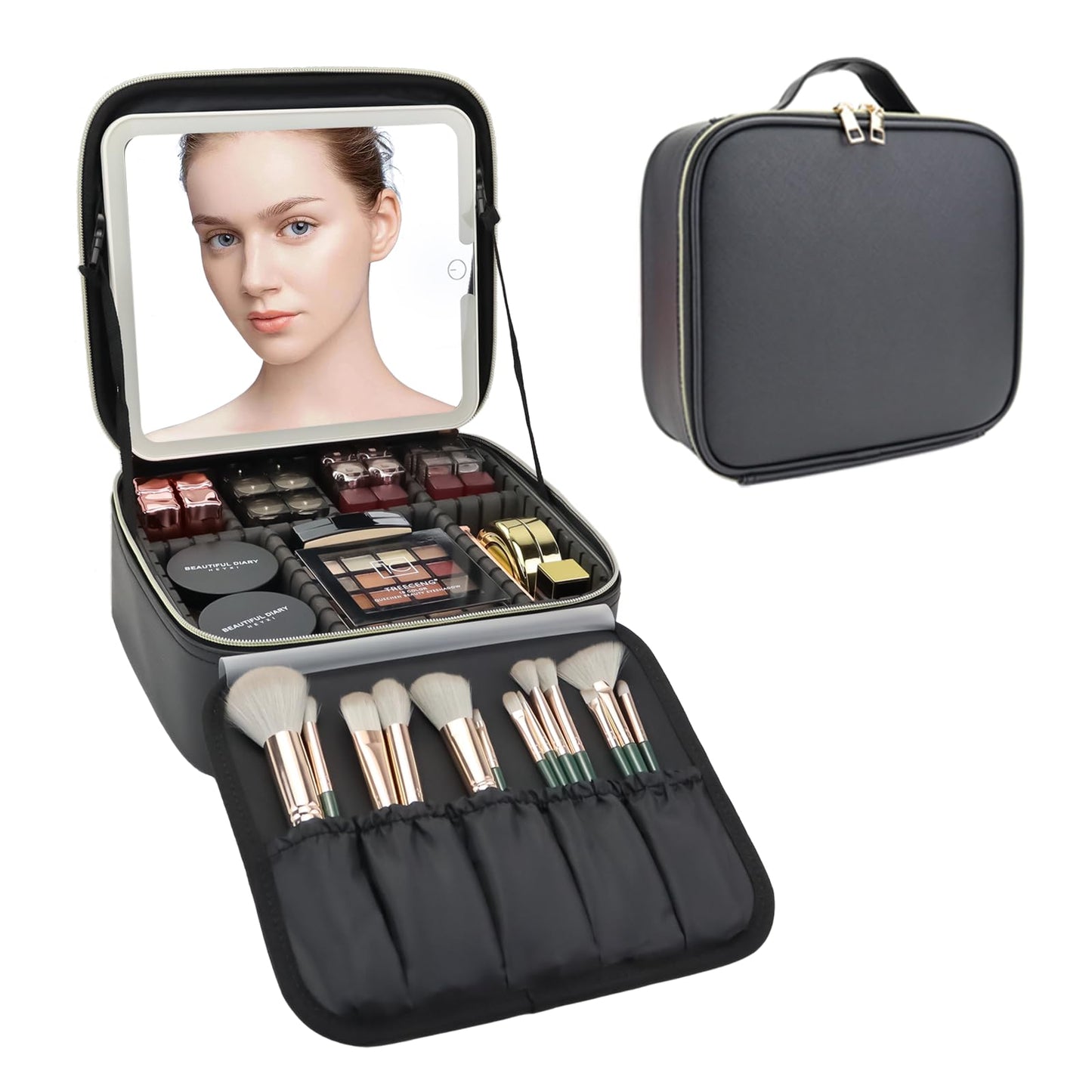 SLUMAZI Travel Makeup Bag with LED Mirror Travel Makeup Organizer with 3 Lighted Settings, Adjustable Dividers and Makeup Brush Storage Bag Black
