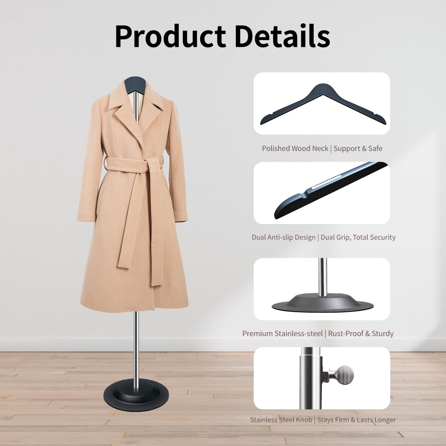 Gecauoea Shirt Display Stand 20-36“ Mannequin Torso with Pure Wood Hangers Dual Non-Slip Design, Stable Metal Base, Ideal T-Shirt Dress Form Display for Vendors, Retail, and Daily Use (Black, 2 Pack)