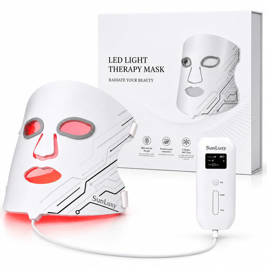 SUNLUXY Red Light Therapy Mask for Face, Red & Blue LED Face Mask Light Therapy with 3 Modes with 850nm NIR, Cordless Rechargeable with Remote Control, Full Face Skincare for Women Mom Wife