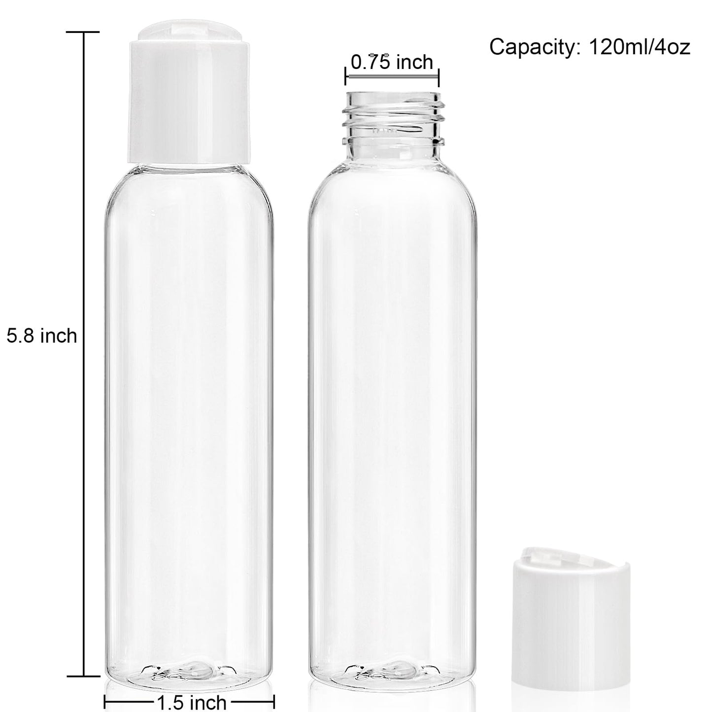 Bekith 30 Pack 4oz Travel Bottles for Toiletries, Empty Small Plastic Squeeze Bottles with Disc Top Flip Cap, Clear Refillable Travel Size Containers For Shampoo, Lotions, Liquid Body Soap, Creams