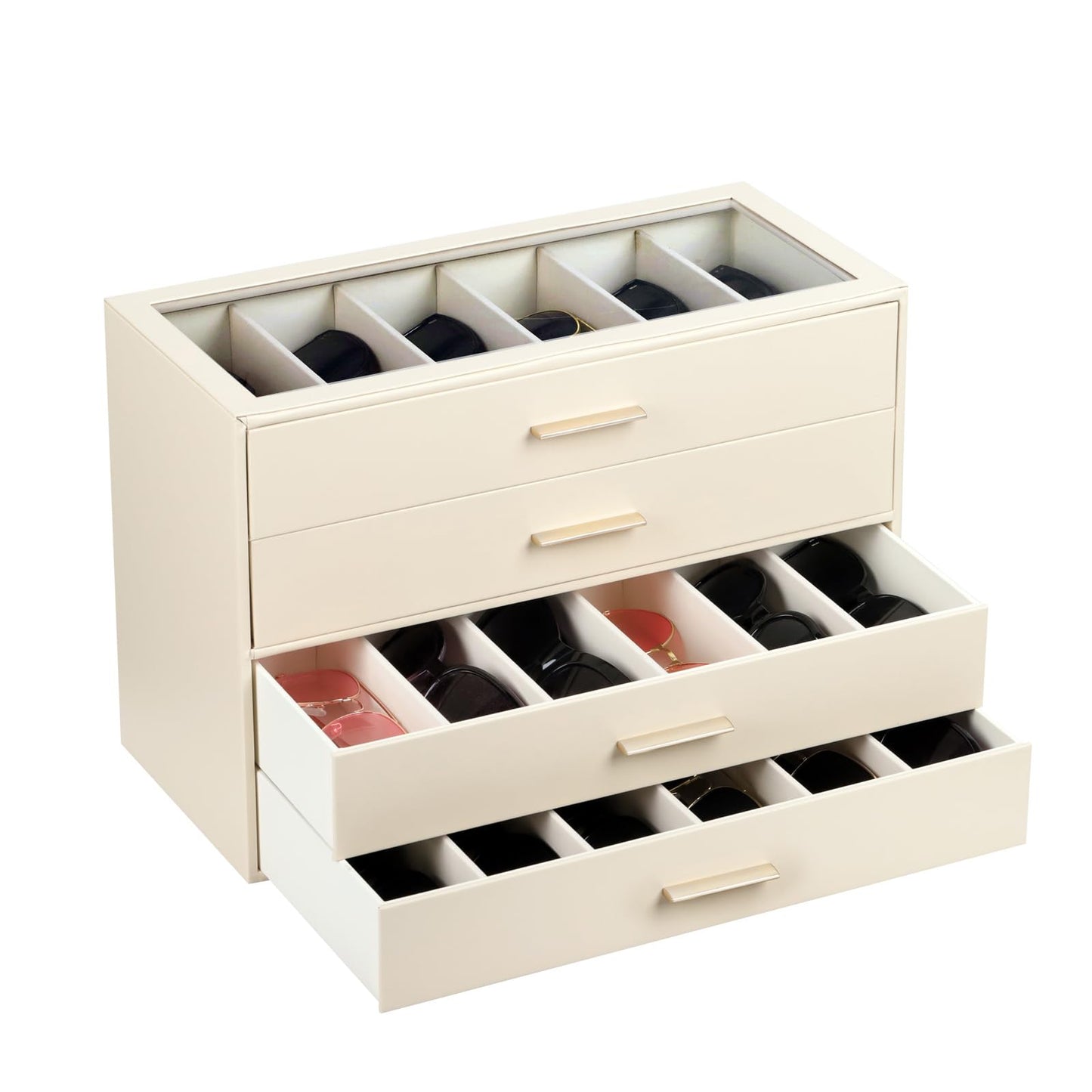 AUTORK PU Leather Sunglasses Organizer Case with Lock,4-Layer 24-Slot Eyeglass Display Box with Drawer,Glass Top Jewelry Storage Holder for Men Women,Ideal Gift for Desktop,Beige,MKAWC02