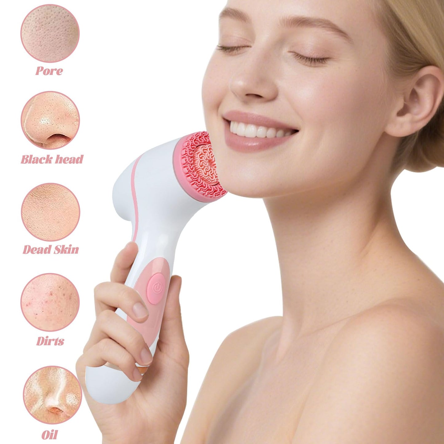 Facial Cleansing Brush, 3in1 Silicone Face Scrubber, Waterproof Facial Scrubber for Deep Cleansing, Rechargeable Face Exfoliation Brush with 2 Adjustable Speeds, Face Spin Brush for Women Men (Pink)