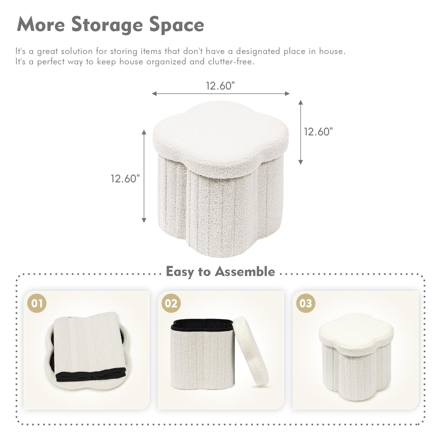 B FSOBEIIALEO Storage Ottoman Cube, Flowers Shaped Ottomans with Storage Foot Stool Footrest for Lving Room, Boucle Ottoman Seat for Dorm Room,Faux Teddy Fur,White 12.6"x12.6"x12.6"