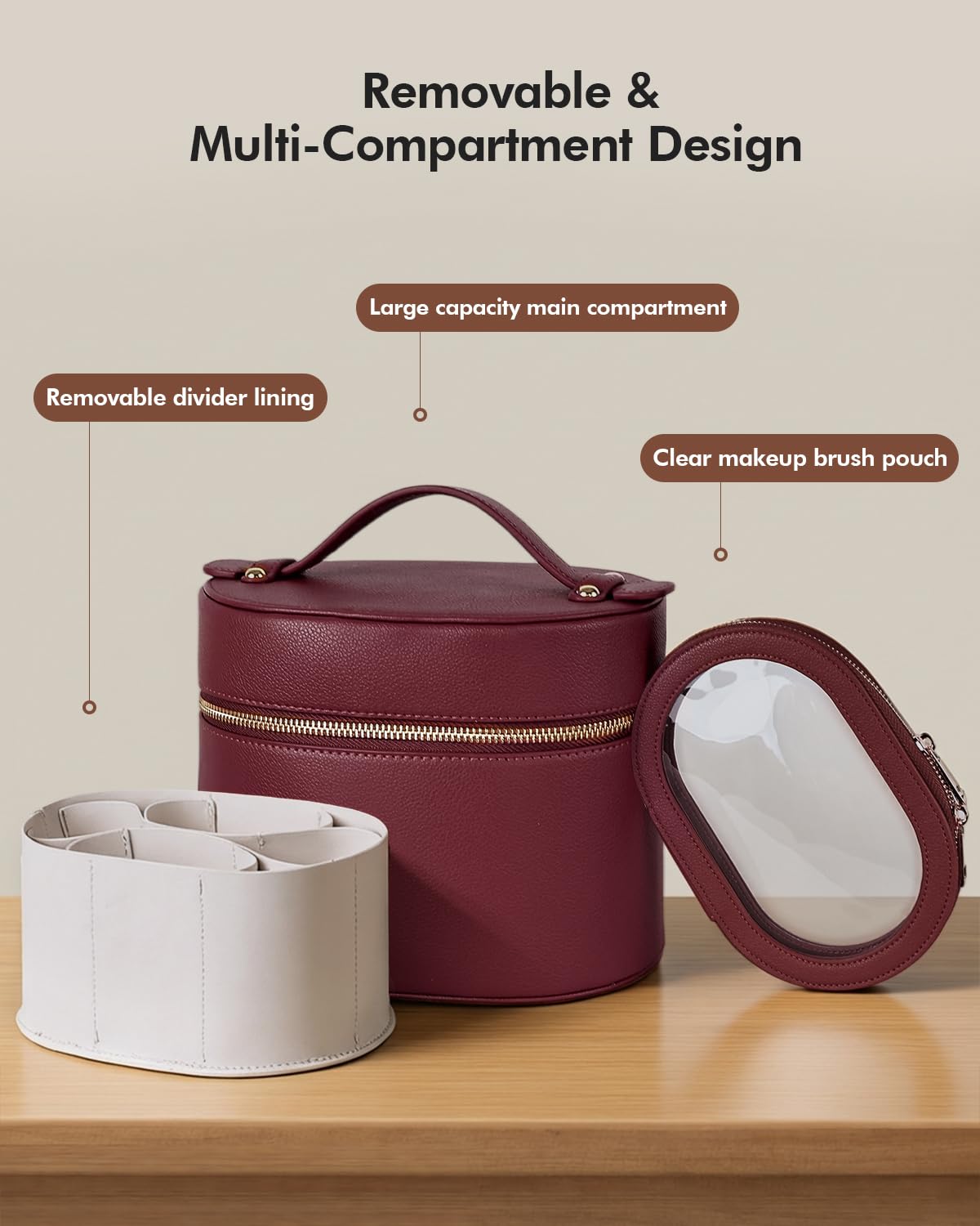 Prite 2 Pcs Makeup Bag Set Travel Cosmetic Case with Waterproof Clear Toiletry Pouch and Removable Divider, Vegan Leather Organizer for Women
