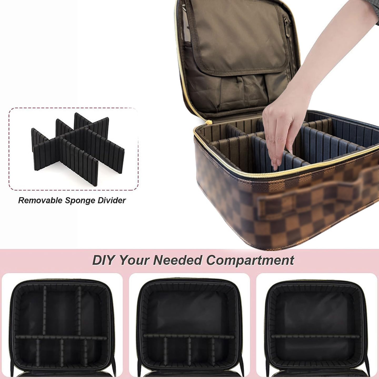WANNES Brown Checkered Makeup Bag Organizer Travel Cosmetic Case with Brush Storage | Large Capacity Makeup & Skin Care Organizer with Adjustable Dividers | Stylish PU Leather Designer Vanity Bag