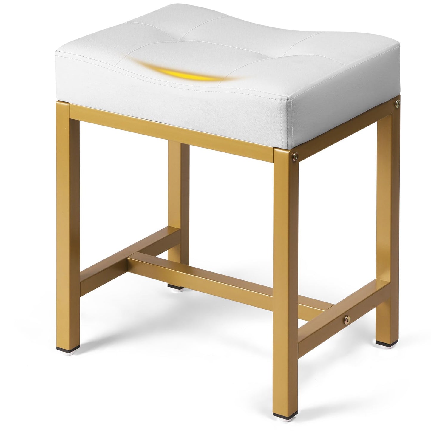 FLYZC Saddle Seat Vanity Stool, Makeup Stool Chair with Metal Leg, U-Shaped PU Leather Ottoman Foot Rest, Small Square Chairs Under Desk for Vanity, Living Room, Modern Makeup Bench White&Gold