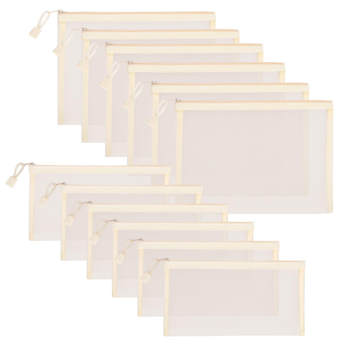 Sinzip 12 Pieces Zipper Nylon Mesh Pouch, Mesh Cosmetic Bags Makeup Bags Pencil Case, Multipurpose Travel Bags for Cosmetic School Office Supplies and Travel Accessories (Beige, A5+B6)