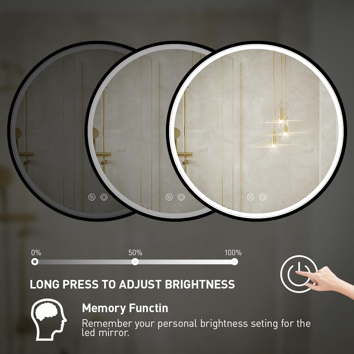 FTOTI 36" Round LED Bathroom Mirror, Dimmable Anti-Fog Vanity Mirror with Touch Control, 6000K Natural Light, Black Metal Frame, Wall Mounted for Makeup Shaving (IP54, 90+ CRI)