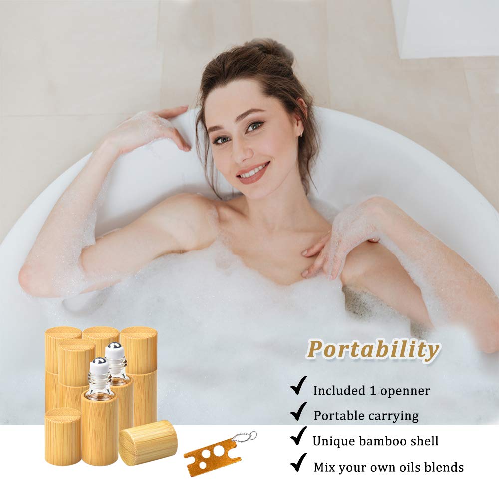 AUHOKY 12Pcs Bamboo Roll on Bottles for Essential Oils, Portable Massage Oil Bottle with Stainless Steel Roller Ball, Reusable Travel Perfumes Sample Lip Gloss Container (1 Opener) (5ML)