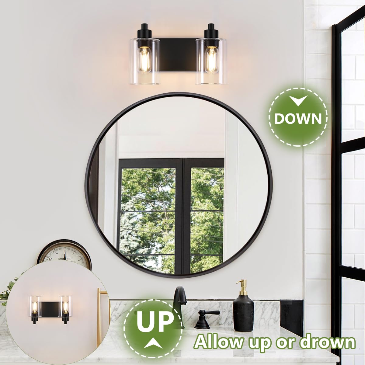 Dpyrrhic Matte Black 2-Light Bathroom Lights Over Mirror with Clear Glass Shade, Modern Bathroom Light Fixtures for Kitchen Living Room Bedroom Laundry Room
