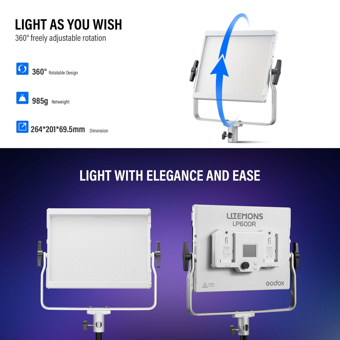Godox LP600R 60W RGB LED Light Panel 2-Light Kit, 2-Pack with Battery Power, Light Stand, Carrying Case, 1800-10000K, 9270Lux@0.5m, APP Control for YouTube Video Recording and Live Streaming