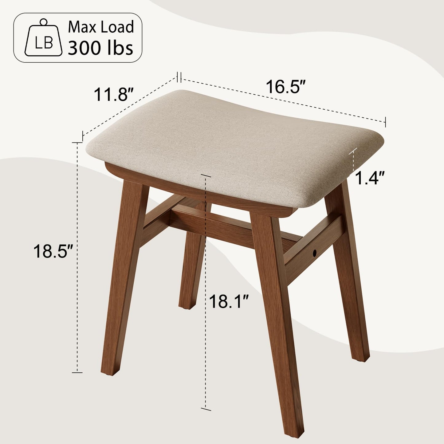 Muwuele Solid Wood Vanity Stool, Compact Makeup Chair with Saddle Cushion, Linen-Covered High Rebound Sponge Seat, Easy Assembly Footstool for Bedroom, Entryway, Home, Walnut