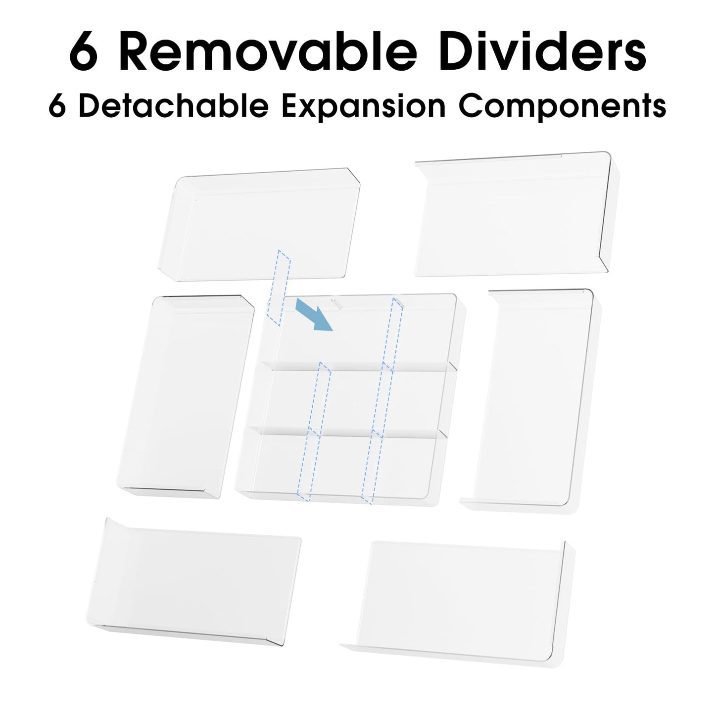 MIUOPUR Expandable Drawer Organizer, Width (10.6"-20.1") Depth (11"-20.1"), Clear Makeup Drawer Organizer with 6 Removable Dividers, Silverware Organizer, Great for kitchen and Bathroom Drawers