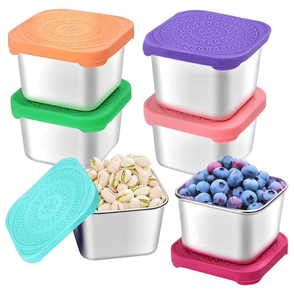 HTEVW 6 Pack Stainless Steel Snack Containers for Kids, 6 oz Toddler Snack Containers with Silicone Lids, Reusable Leak Resistant Food Containers for School Lunch, Daycare, Travel & Portion Control