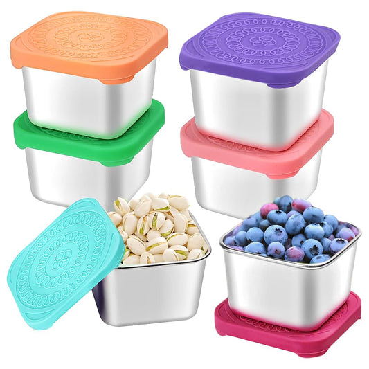 HTEVW 6 Pack Stainless Steel Snack Containers for Kids, 6 oz Toddler Snack Containers with Silicone Lids, Reusable Leak Resistant Food Containers for School Lunch, Daycare, Travel & Portion Control