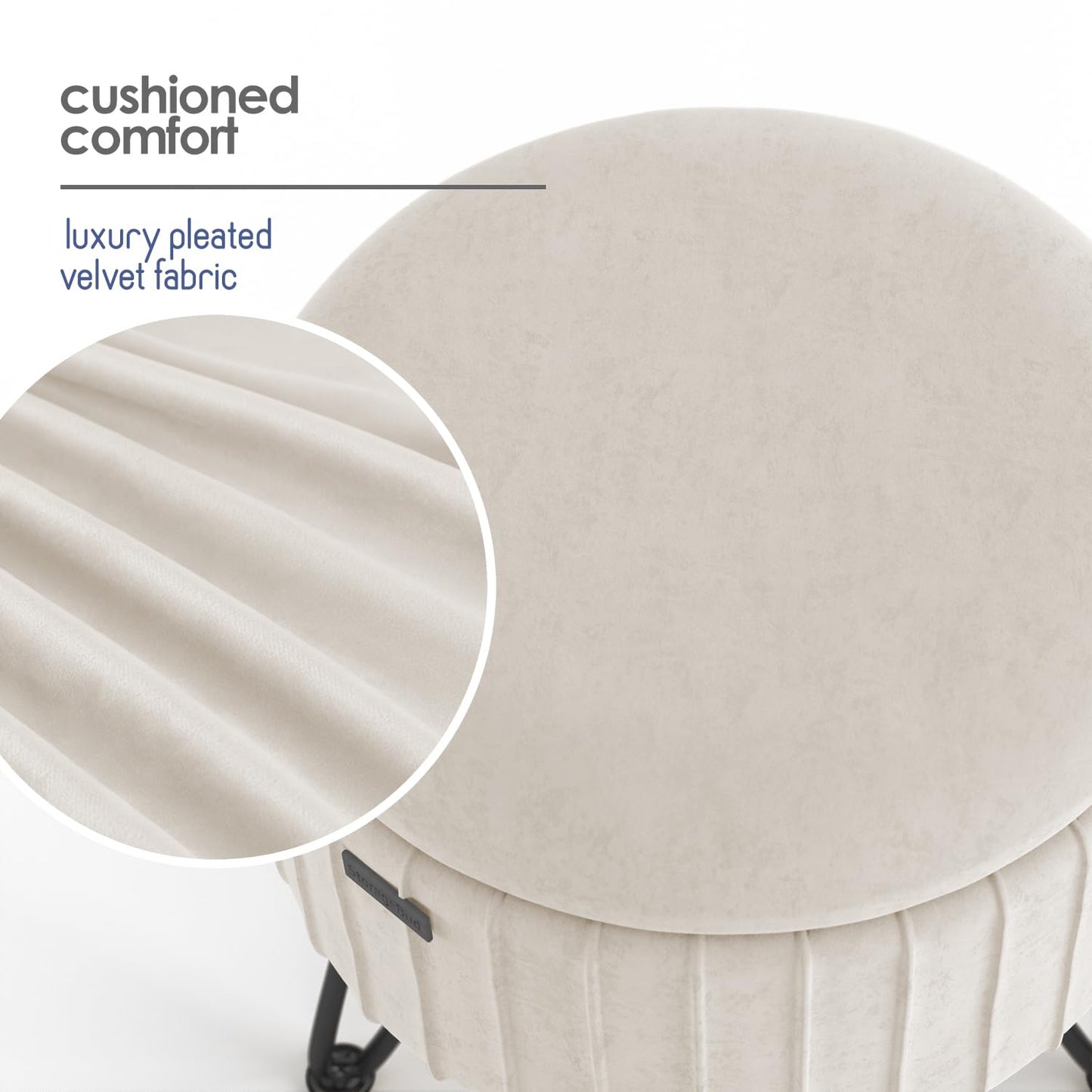 STORAGEBUD Round Ottoman with Storage, Pleated Velvet Storage Ottoman, Foot Stool Ottomans, Makeup Vanity Stool, Small Ottomans Foot Rest, Modern Vanity Stools for Living Room and Bedroom, Cream