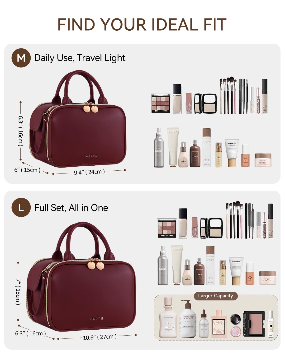 Prite Makeup Bag for Women, Large Capacity Waterproof Travel Cosmetic Organizer, Portable Open Flat Toiletry Bag with Free-standing Brush Holder and Handle (Burgundy Large)