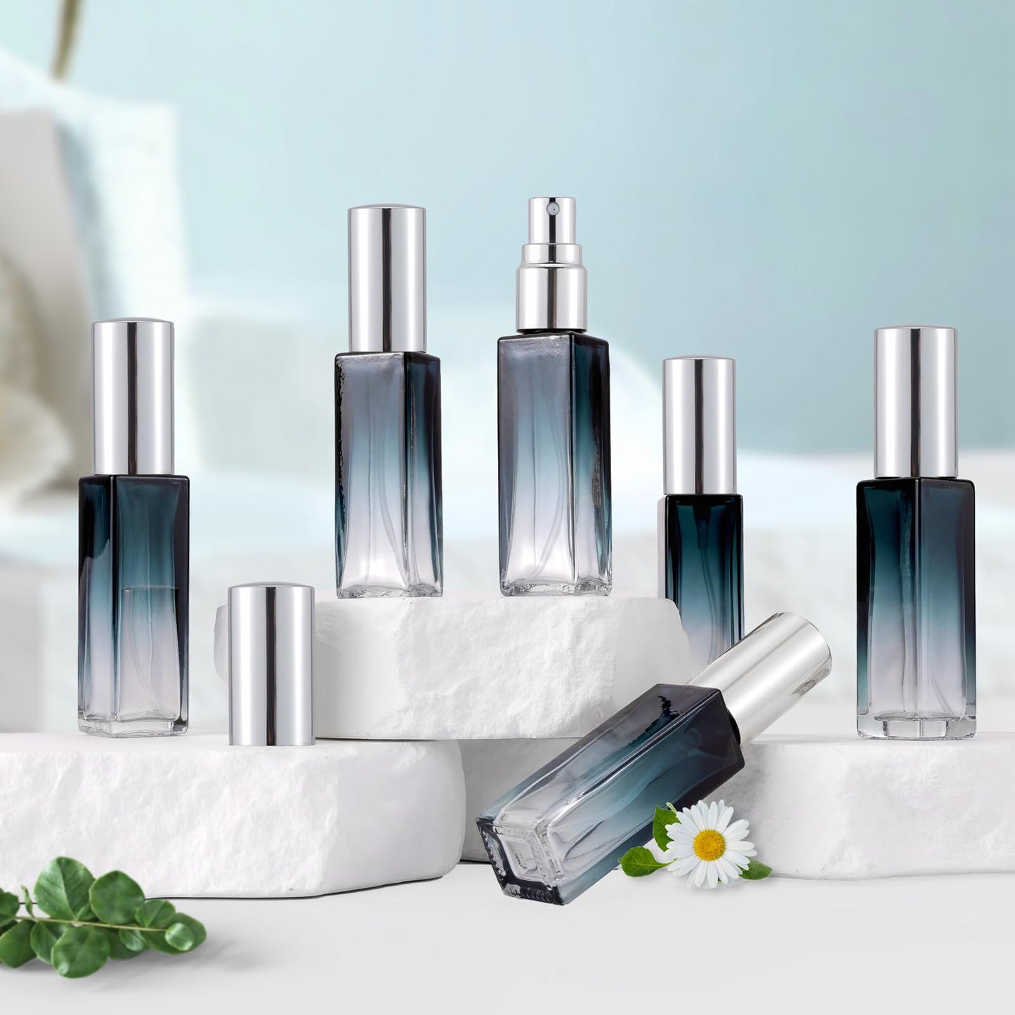 Kesell 11pack 10ml Glass Spray Bottle, Mini Square Perfume Vials Refillable Perfume Atomizer Fine Mist Liquid Spray Bottle for essential oil (Silver Cap)