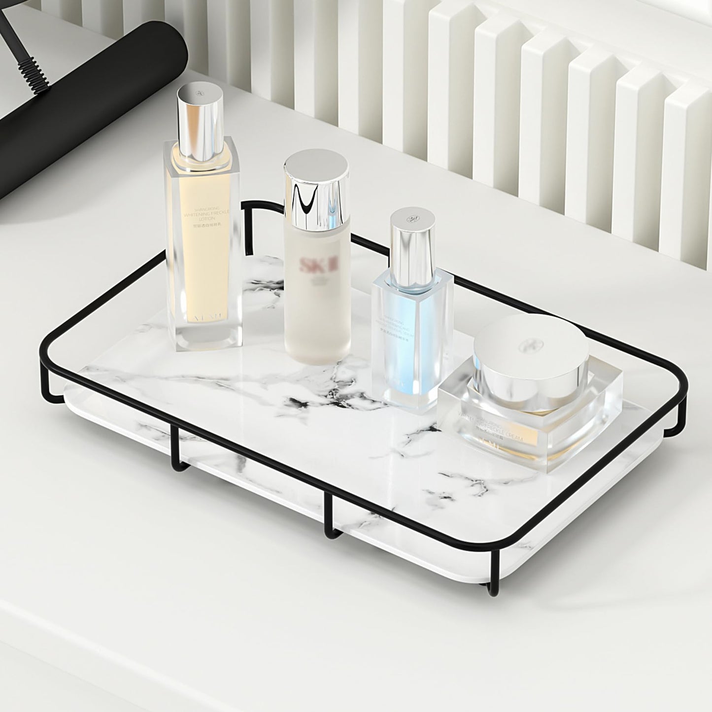 Dobbyby Vanity Tray Makeup Organizer Cosmetics Storage Bathroom Skincare Organizer Countertop Display Rack in Dresser Stainless Steel Shelf Marble Print Ceramic Trays