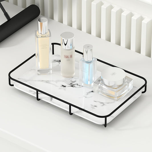 Dobbyby Vanity Tray Makeup Organizer Cosmetics Storage Bathroom Skincare Organizer Countertop Display Rack in Dresser Stainless Steel Shelf Marble Print Ceramic Trays