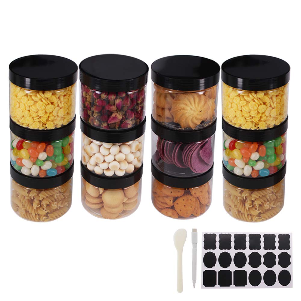 zmybcpack 12 Pack 8 OZ Clear Plastic Jars With Black Lids, A Spatula, A Pen & Labels - BPA Free PET Container for Cosmetics, Cream, Bathroom, Kitchen & Travel Plastic Slime Storage Jars