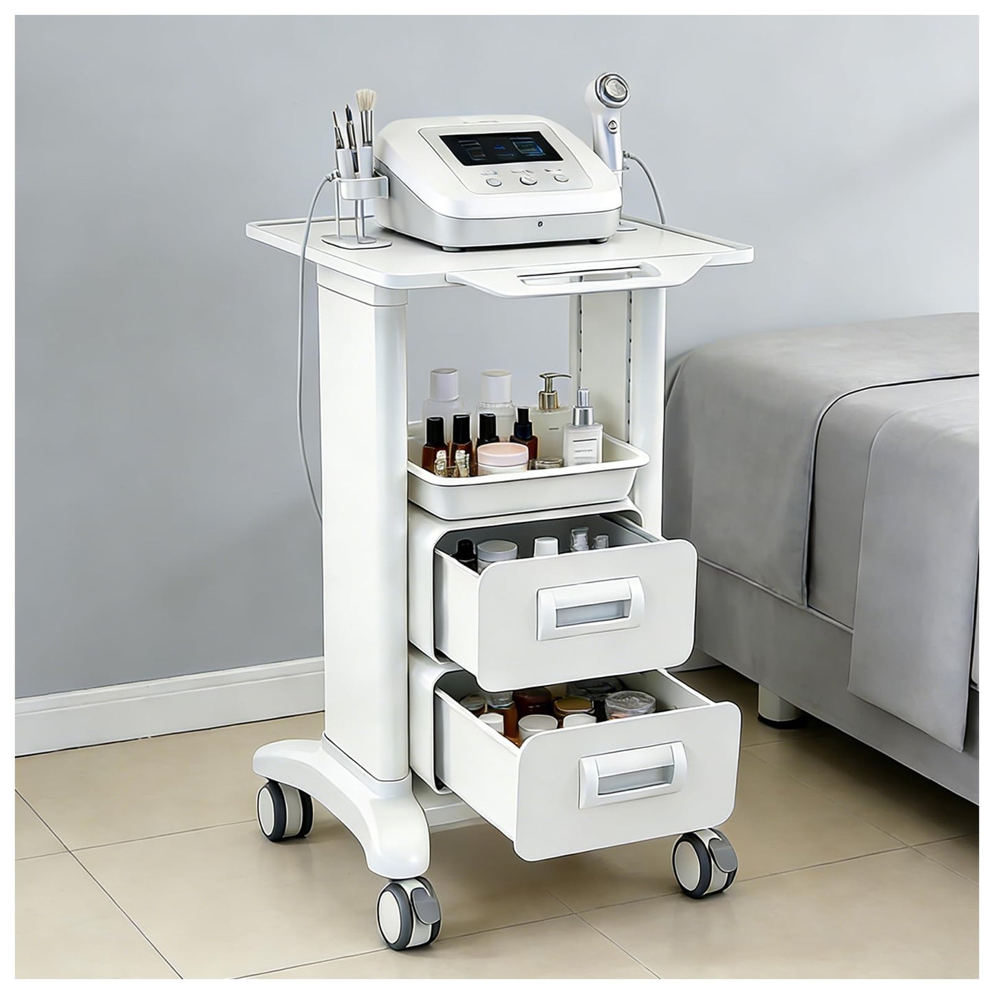 Medical Trolley Cart Mobile with Drawers, Hospital Ultrasound Cart with 4 Silent Swivel Wheels, Portable Medical Trolley Carts, 225 LBS Load, for Beauty, Salon, Clinic and Lab (White, Double Drawer)
