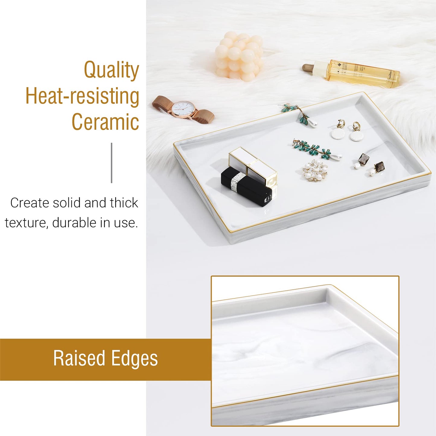 Shinowa Ceramic Vanity Tray, Bathroom Counter Tray Marble Finish Perfume Tray Rectangle Decorative Tray for Vanity Dresser Bathroom Countertop Living Room Kitchen, Large Size - Marble White