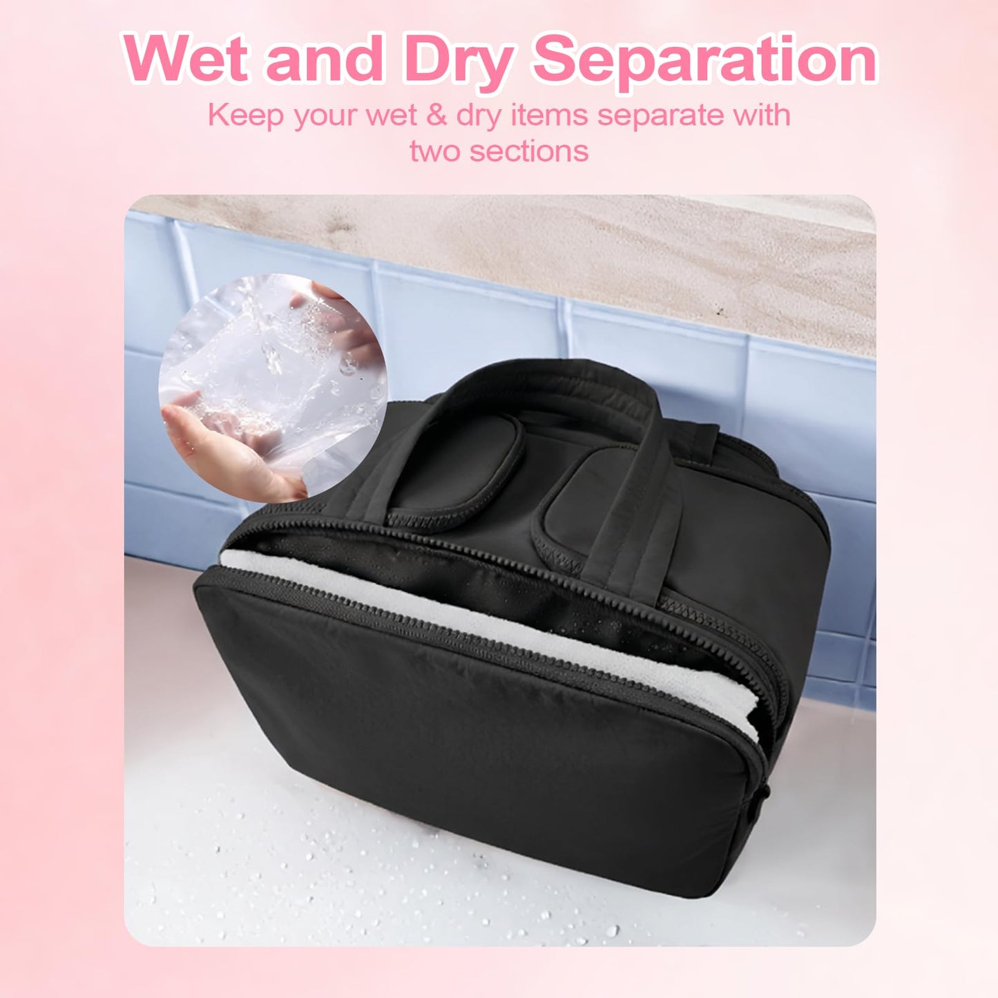 Travel Toiletry Bag, Large Wide-open Travel Bag for Women with 1 Toiletries Travel Bottles, 3 Portable Toothbrush Cases, Makeup Bag Organizer with Handle for Accessories,Essentials, Toiletries, Black