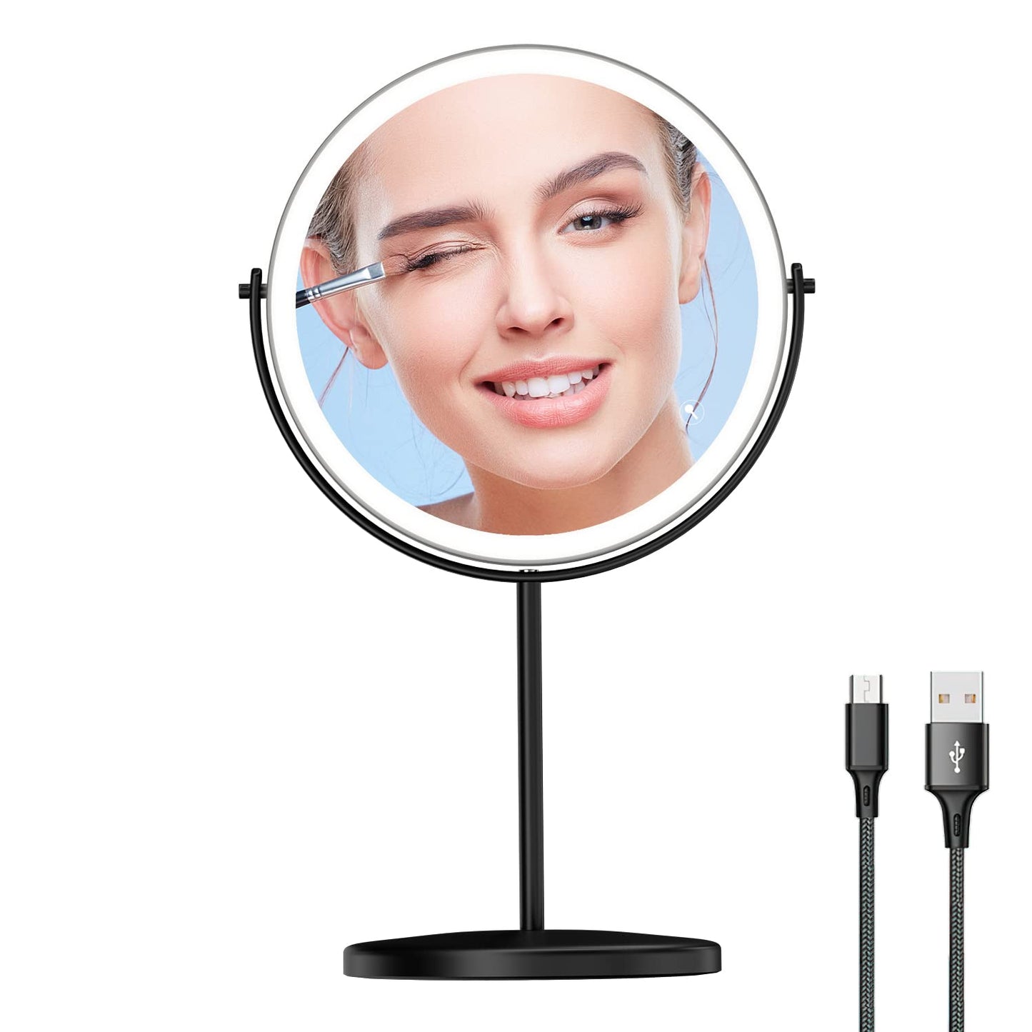 WIZCHARK 8” Lighted Makeup Mirror, 1X 10X Magnifying Mirror with Light, Double Sided Vanity Mirror with Lights, 3 Color LED Dimmable 2000mAh Rechargeable Black