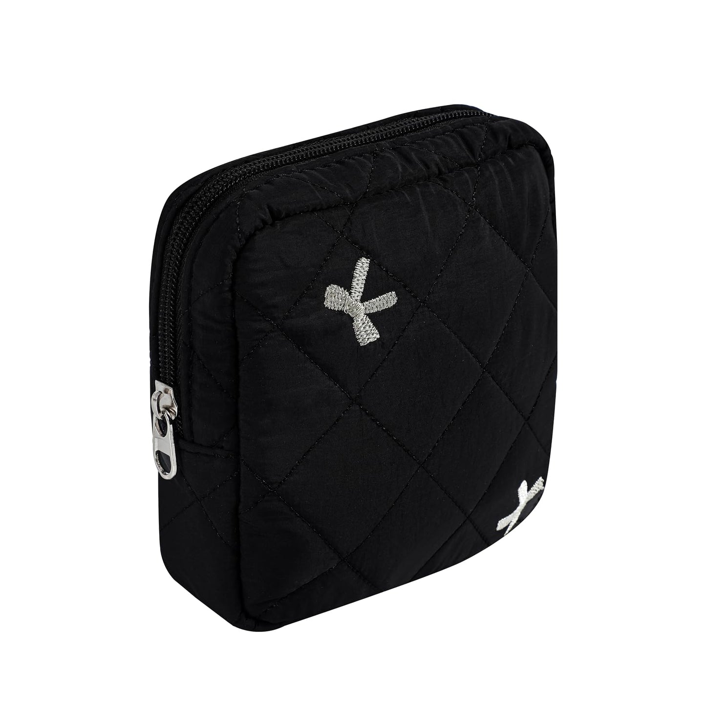 Small Quilted Cotton Makeup Bag for Purse, Cosmetic Bag with Compartments, Cotton Aesthetic Makeup Bag, Travel Toiletry Pouch, Key Pocket Lipstick Bag Card Holder Data Cable Organizer（05Black Bow）