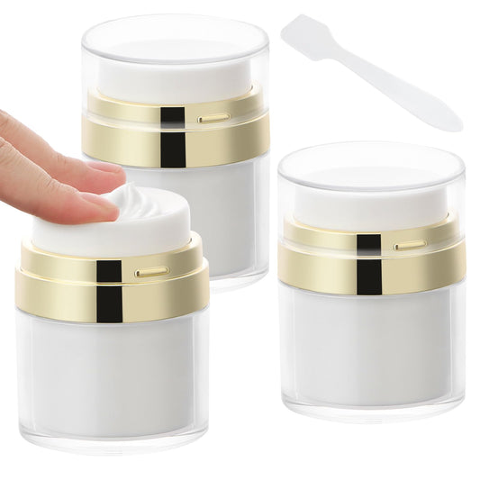 Segbeauty 50ml Airless Pump Bottles Travel, 1.7oz Airless Pump Jars Pack of 3 Gold Empty Makeup Containers Vacuum Bottle Dispenser, Refillable Jar Travel Bottles for Toiletries Moisturizer Container