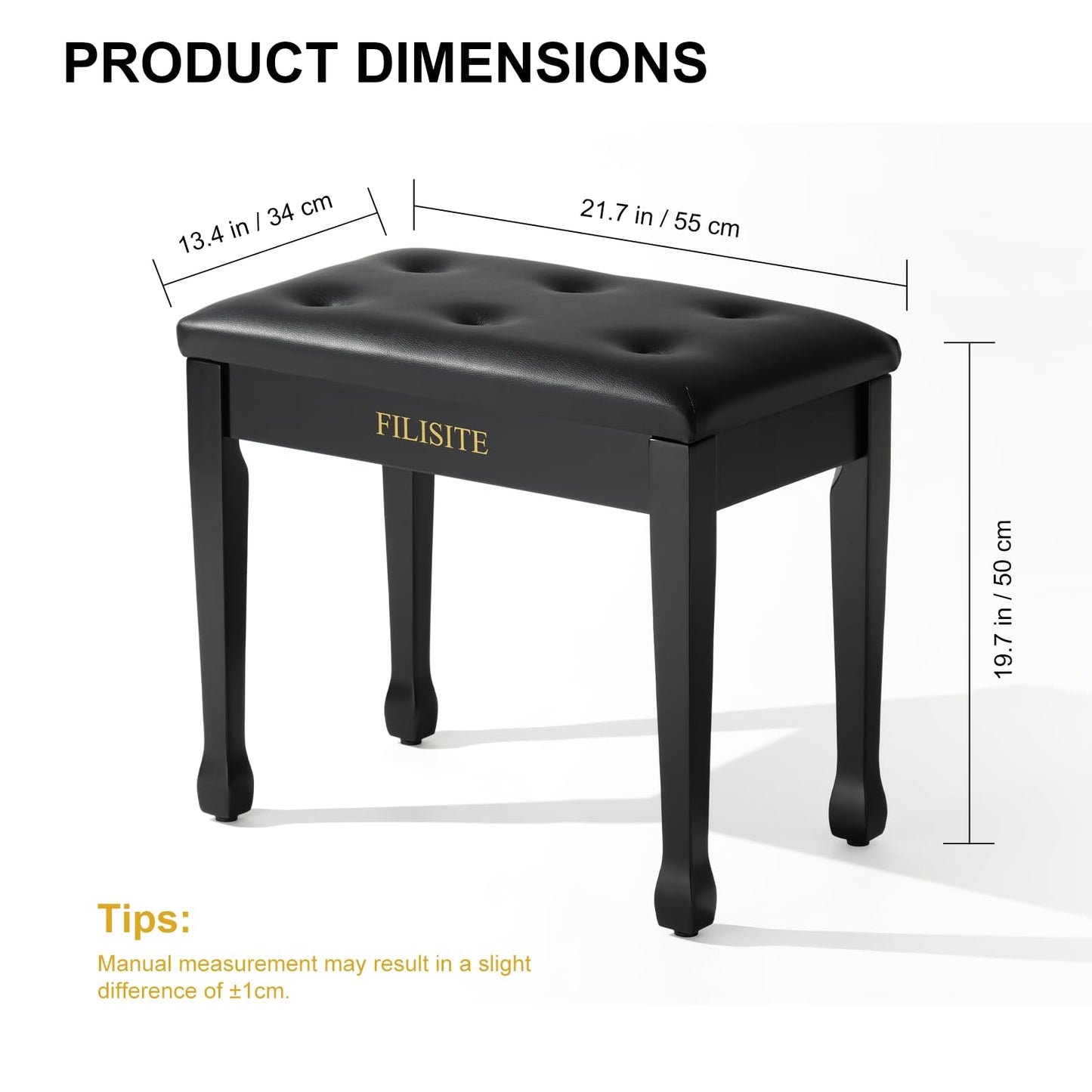 FILISITE Wooden Piano Bench with Storage, Piano Stool with Waterproof Padded Cushion, Bench Seat for Vanity, Living Room, Bedroom (Black)