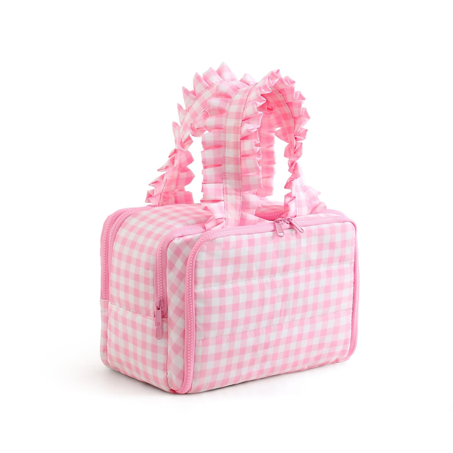THOVSMOON Travel Toiletry Bag for Women,Water-resistant Large Gingham Makeup Cosmetic Organizer with Ruffles Handle for Traveling, Toiletries, Cosmetic, Essentials Accessories(Pink Gingham)