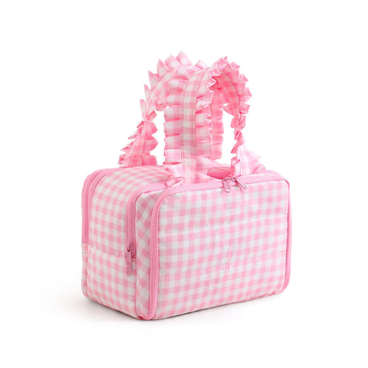 THOVSMOON Travel Toiletry Bag for Women,Water-resistant Large Gingham Makeup Cosmetic Organizer with Ruffles Handle for Traveling, Toiletries, Cosmetic, Essentials Accessories(Pink Gingham)