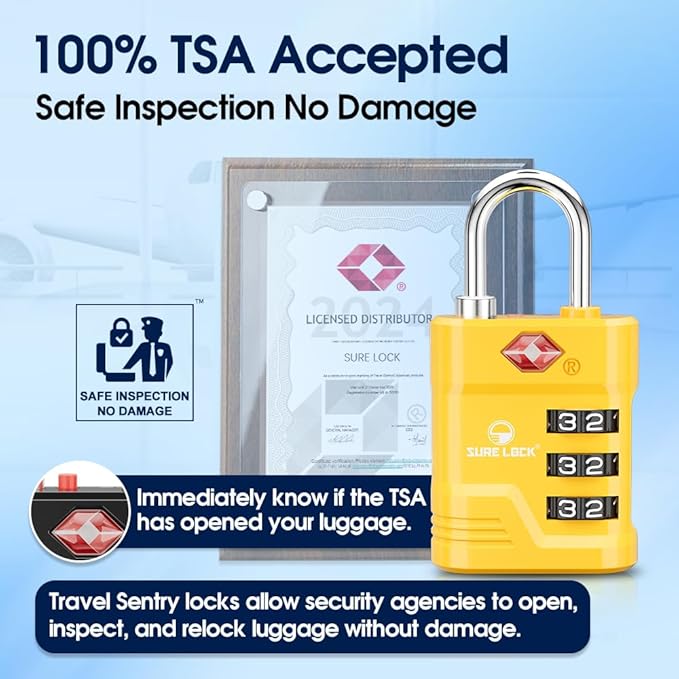 SURE LOCK TSA Locks for Luggage, TSA Approved Luggage Locks with Open Alert, 008 Key for High Security, Easy Read Dials, Zinc Alloy Body, Locker Lock for Suitcase, Gym, Travel(Yellow 2 pk)
