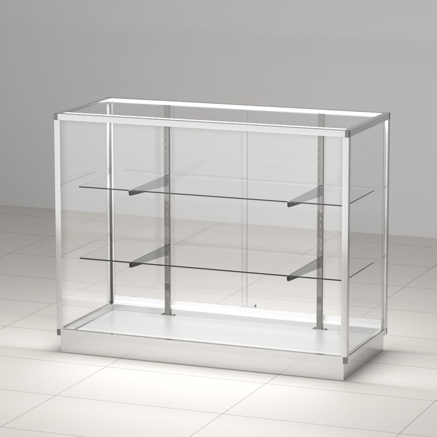 Retail Full Vision Showcasewith Aluminum Frame & Glass Adjustable Shelves, LED Lighting, Locking Design (Silvery, 4 ft)