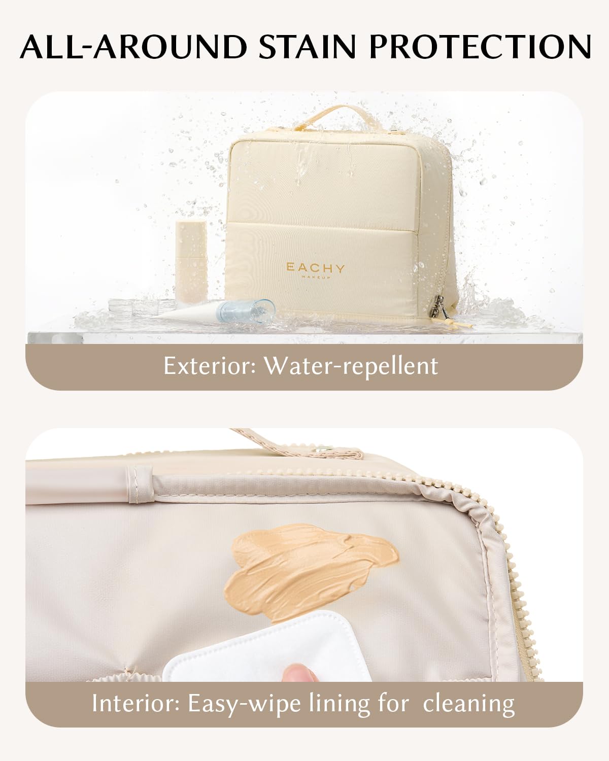 EACHY Standing Makeup Bag - Large Waterproof Cosmetic Bag & Toiletry Bag Organizer with Phone Holder, Detachable Dividers, Wipe-Clean Brush Pouch for Women