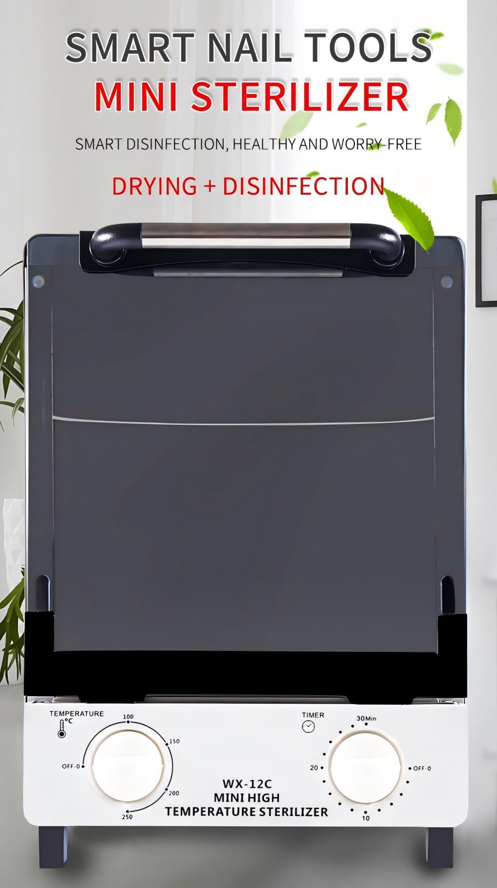 Sterilizer for Nail Tools, 12L Multifunctional High Temperature Cleaning Dry Box Stainless Steel with Temp Control, Tweezer Sterilizer, Stainless Trays, Timer, Nail Salon Equipment