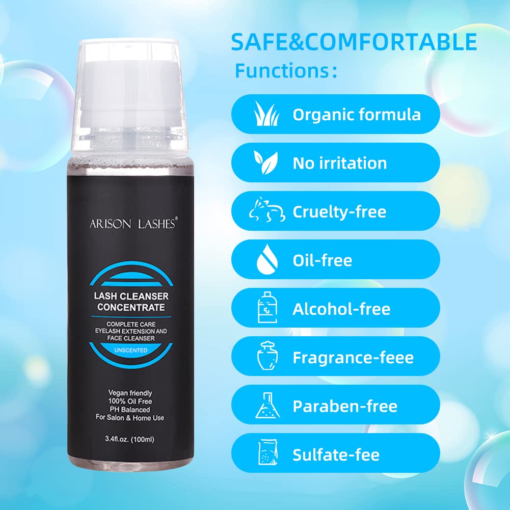 ARISON LASHES Lash Shampoo Concentrate Eyelash Cleanser Concentrate 100ml Foaming for Extensions with Salon Home Care Makes 20 Bottles of 60ml(Unscented)