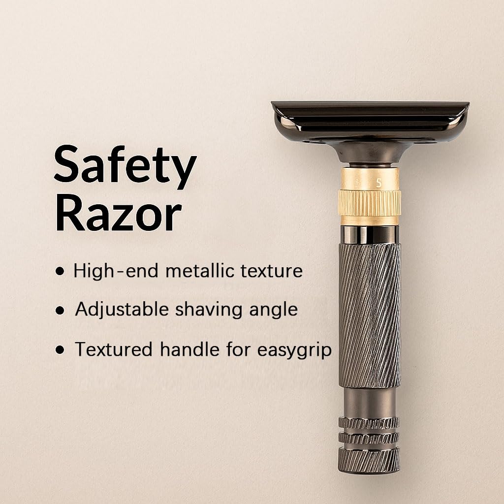 Luxurious and beautifully adjustable safety razor，best razors for men，with 10 platinum-plated razor blades, 1 blade razors reusable smooth close shave (Black + Base)
