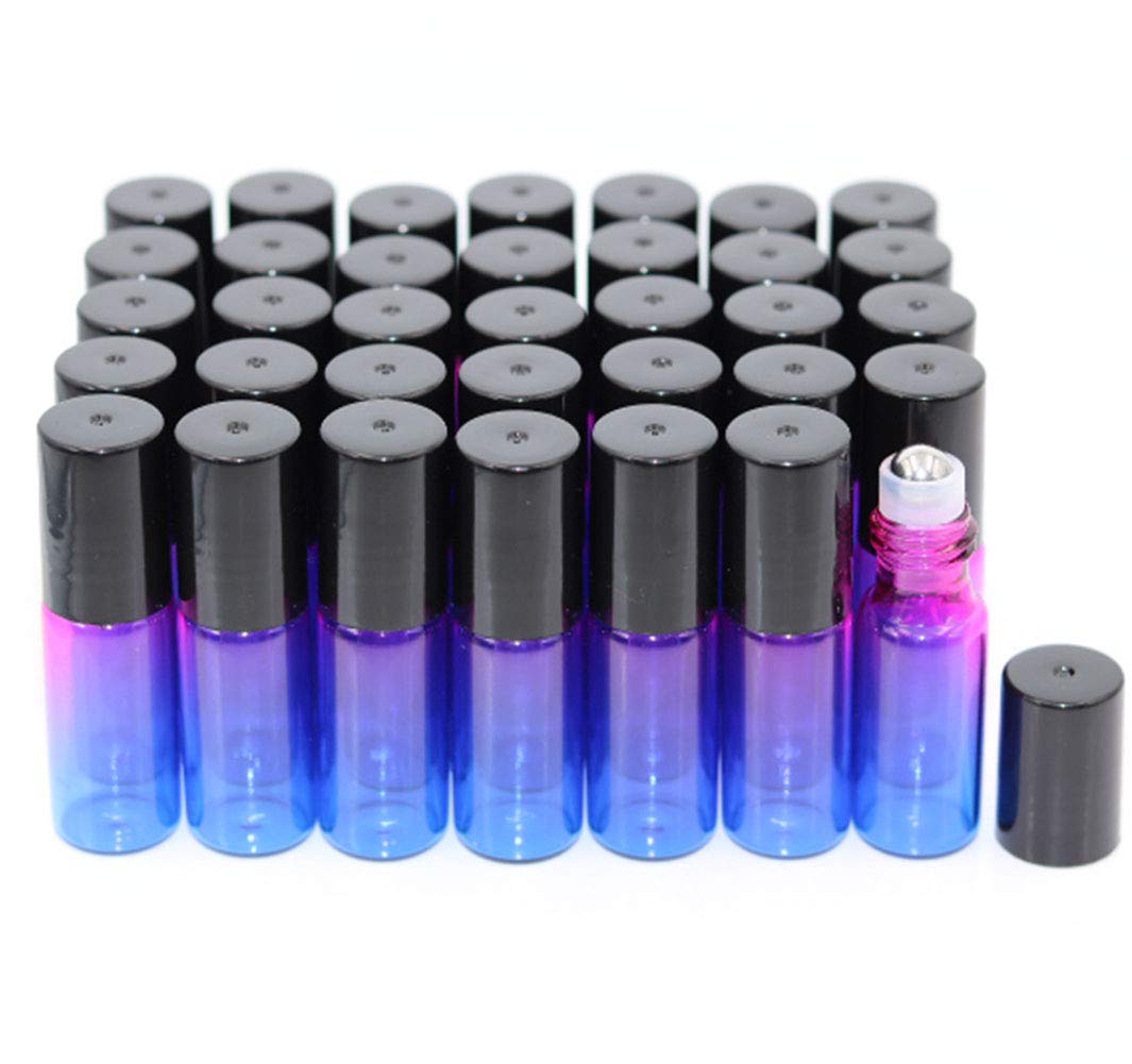 Pack of 35,5ml Rose-Blue Gradient Color Roller Bottles for Essential Oils, Glass Bottles With Stainless Steel Roller Ball For Sample Roll On, Travel DIY Cosmetic Container-Funnel Opener Pipette