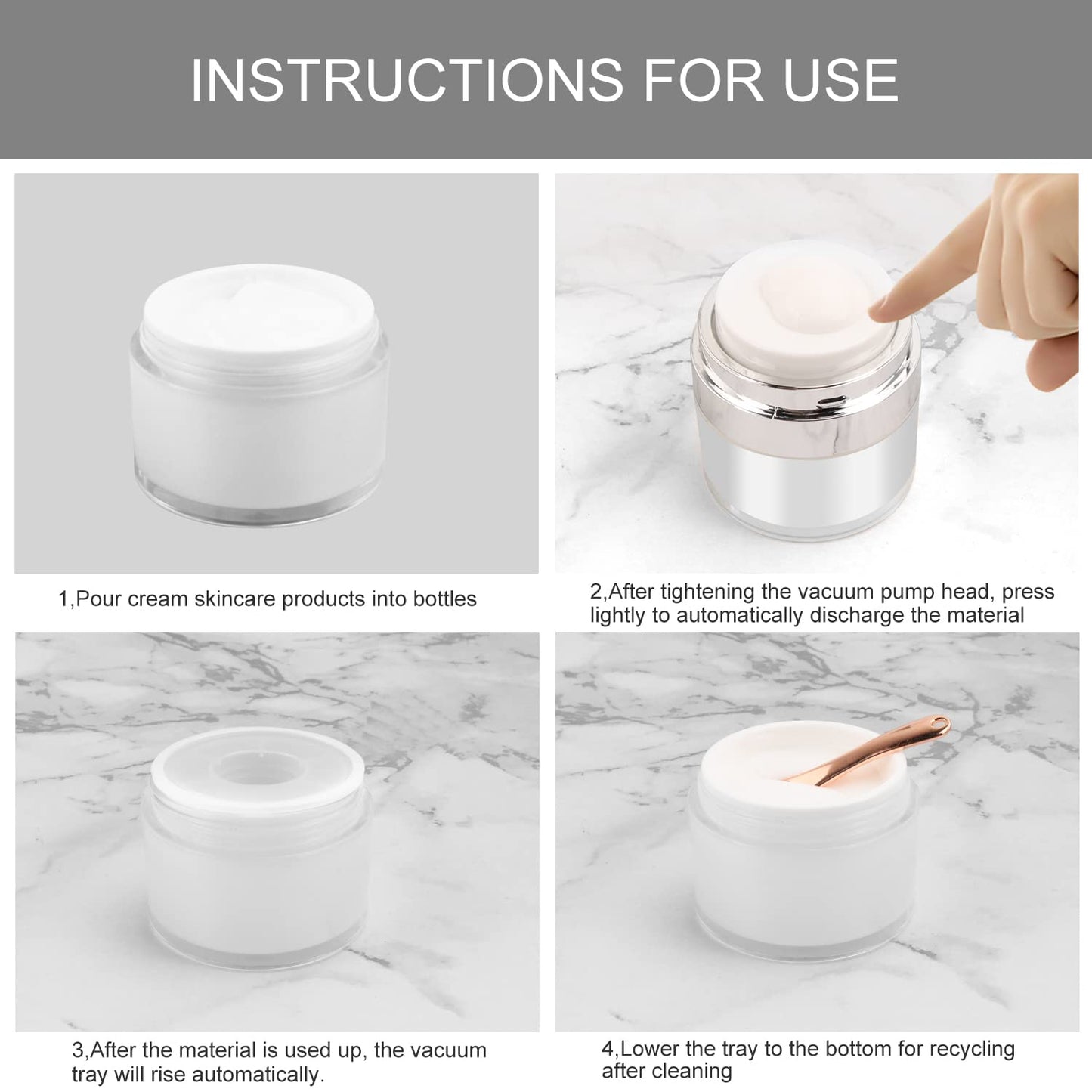 USRommaner 3 Pack 0.5 oz Airless Pump Jar,Empty Acrylic Vacuum Jar with Press Pump,Portable Travel Face Cream Lotion Sample Container Pot for Makeup,Essence,Moisturizer,Eye Cream-White