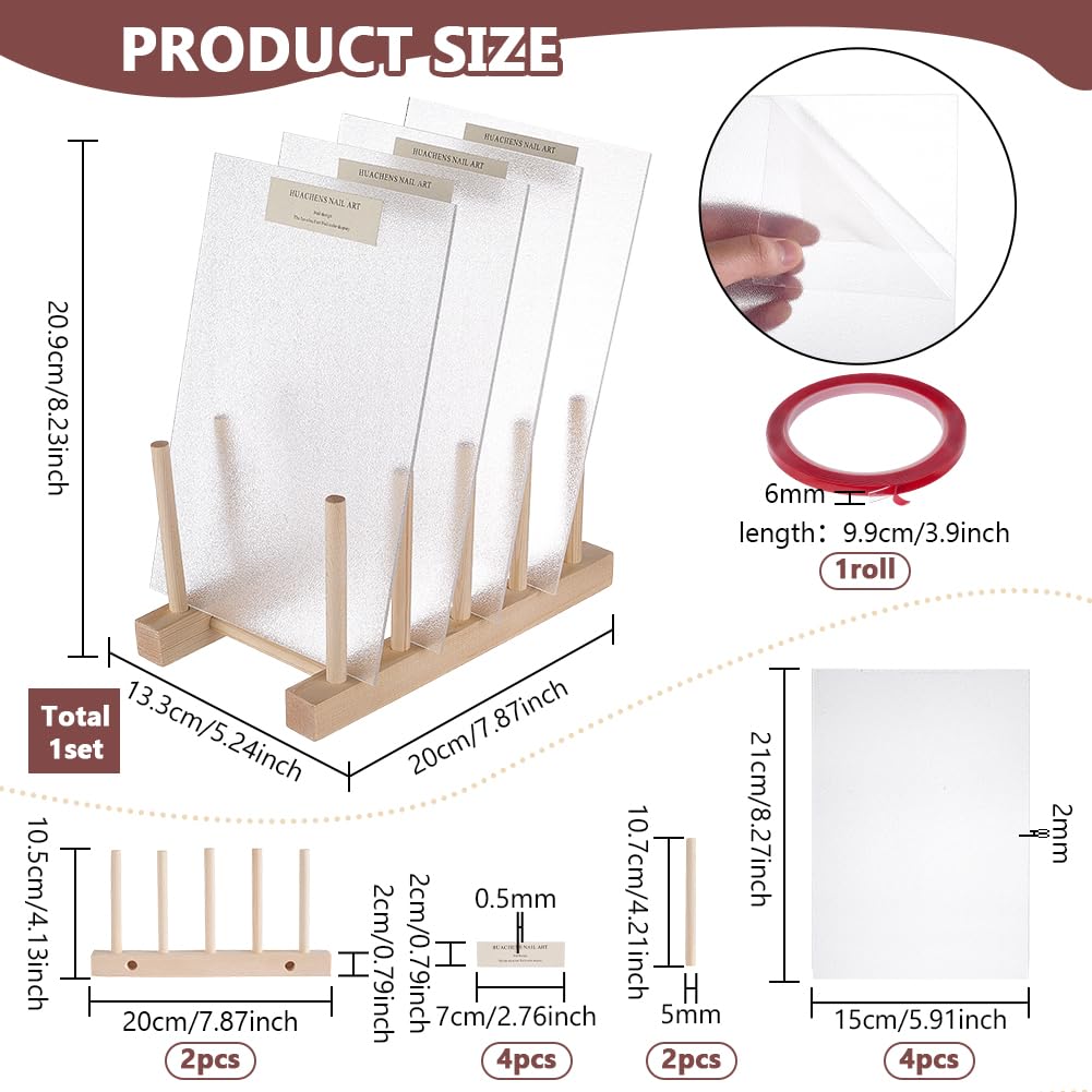 FINGERINSPIRE 4PCS Acrylic Nail Display Board with Wooden Holder 5.24x7.9x8.23inch Transparent Acrylic Manicure Sample Holder Nail Polish Display Board with Natural Wood Base for Salon and Home Use